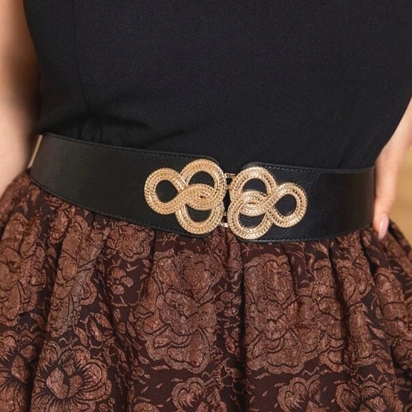 Black corset belt boho elastic wide Faux leather gold spirals waist plus size - Picture 4 of 16